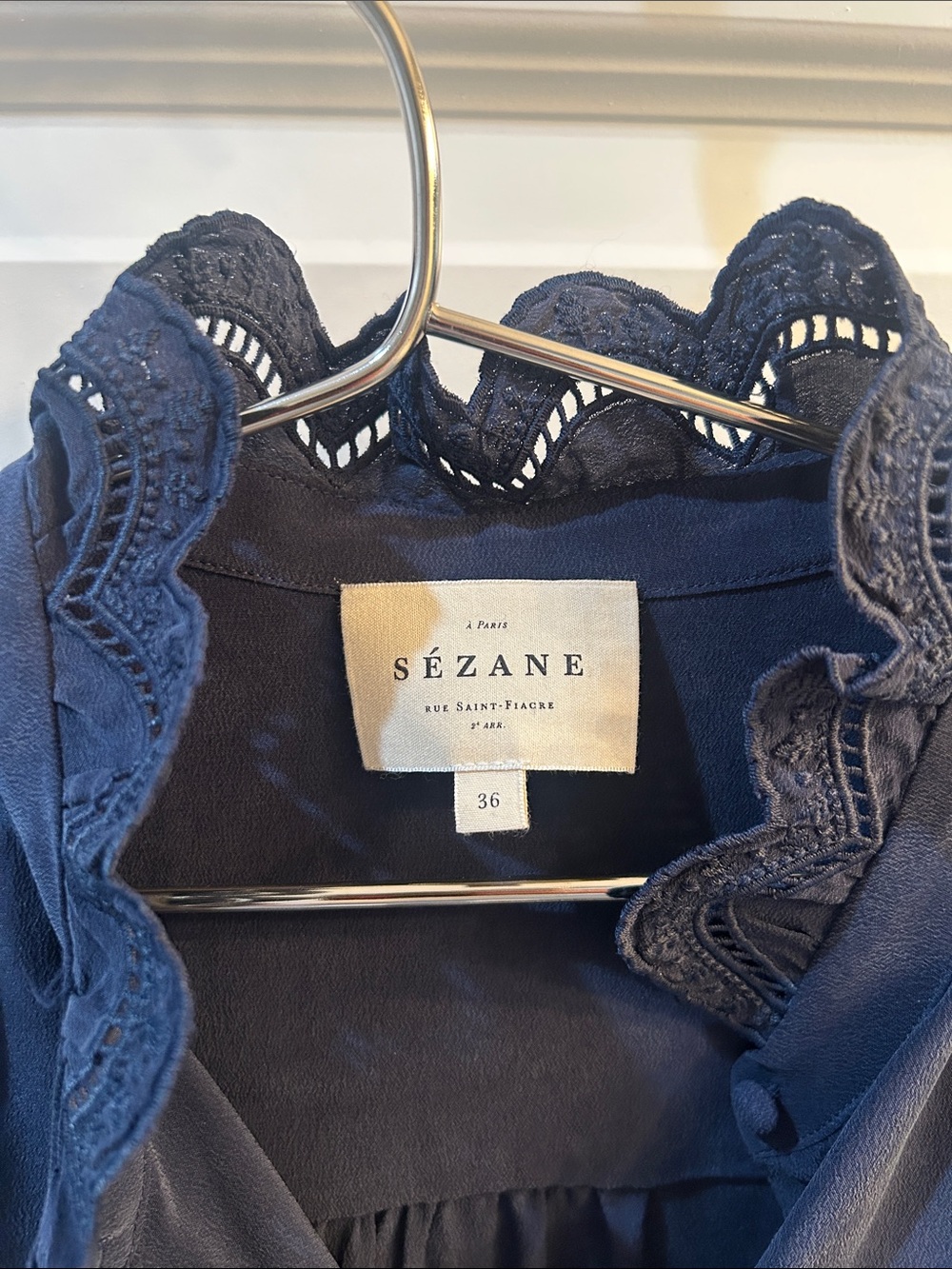 Sezane Chlo Navy Embroidered Ruffle Button Front Blouse - Picture 2 of 6